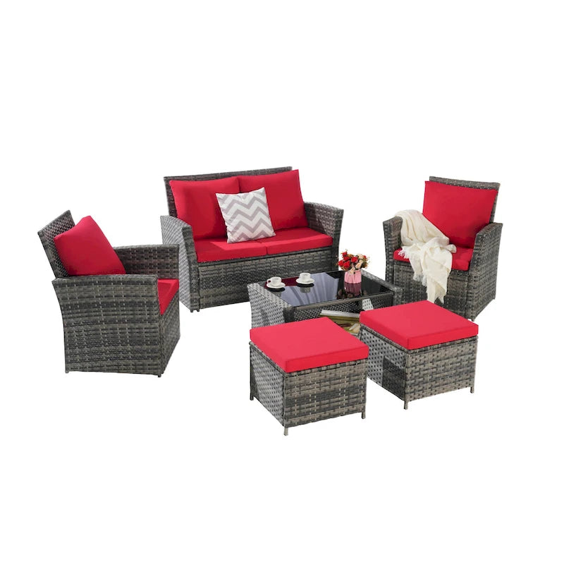 6 Pcs Patio Furniture Set, Outdoor Wicker Sectional Sofa Set, 2 Armchairs, 2 Ottomans and Tempered Glass Top Coffee Table