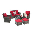 6 Pcs Patio Furniture Set, Outdoor Wicker Sectional Sofa Set, 2 Armchairs, 2 Ottomans and Tempered Glass Top Coffee Table