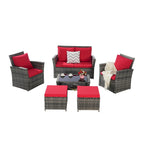 6 Pcs Patio Furniture Set, Outdoor Wicker Sectional Sofa Set, 2 Armchairs, 2 Ottomans and Tempered Glass Top Coffee Table