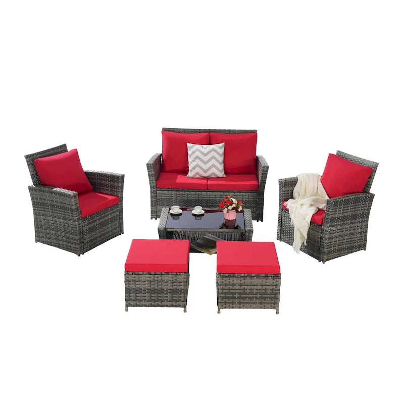 6 Pcs Patio Furniture Set, Outdoor Wicker Sectional Sofa Set, 2 Armchairs, 2 Ottomans and Tempered Glass Top Coffee Table