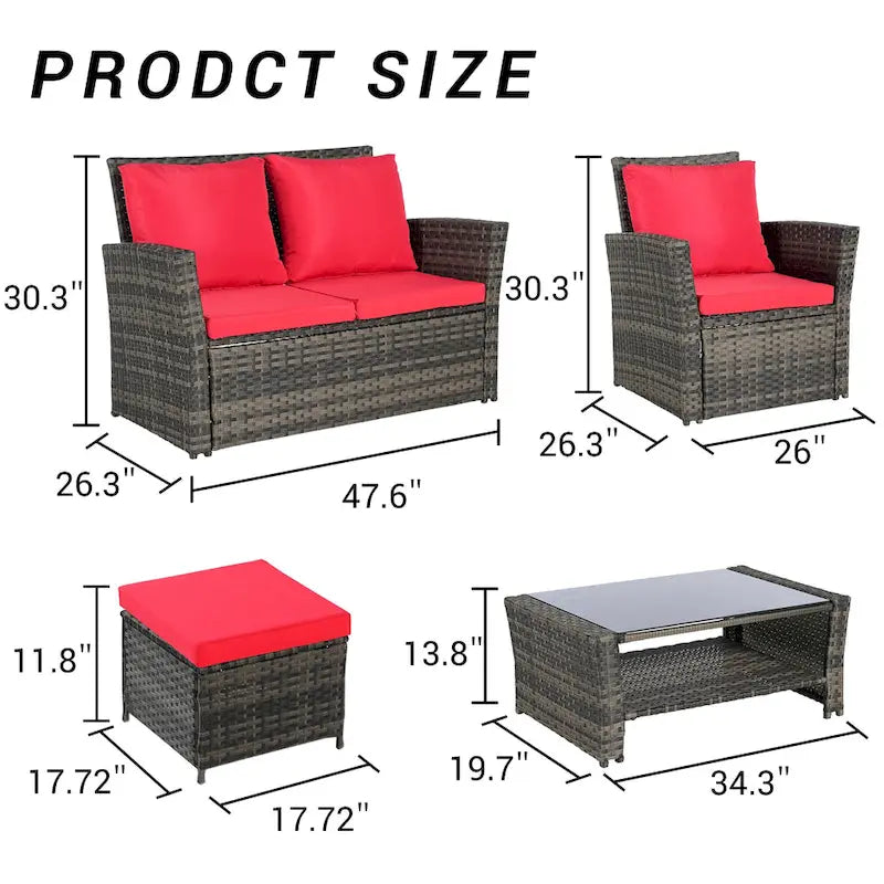 6 Pcs Patio Furniture Set, Outdoor Wicker Sectional Sofa Set, 2 Armchairs, 2 Ottomans and Tempered Glass Top Coffee Table
