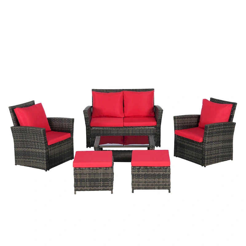 6 Pcs Patio Furniture Set, Outdoor Wicker Sectional Sofa Set, 2 Armchairs, 2 Ottomans and Tempered Glass Top Coffee Table