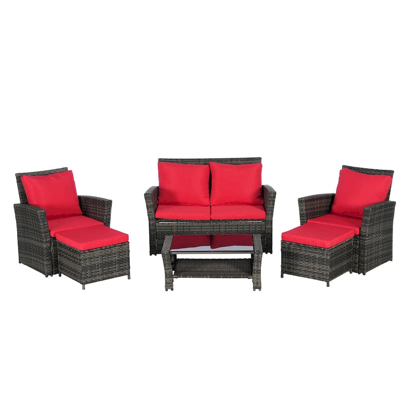 6 Pcs Patio Furniture Set, Outdoor Wicker Sectional Sofa Set, 2 Armchairs, 2 Ottomans and Tempered Glass Top Coffee Table