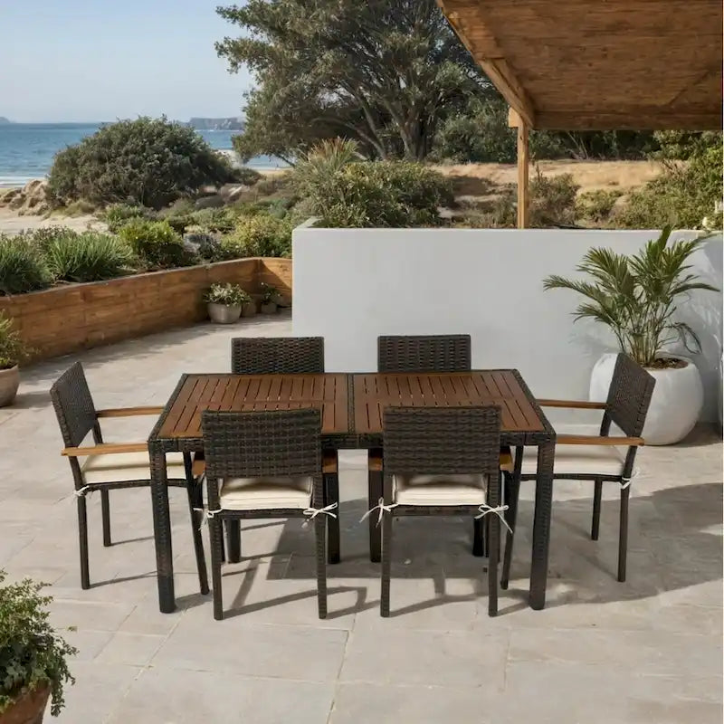 7 piece Outdoor Patio Wicker Dining Set Patio Wicker Furniture Dining Set w/Acacia Wood Top Brown Wicker + Cream Cushion