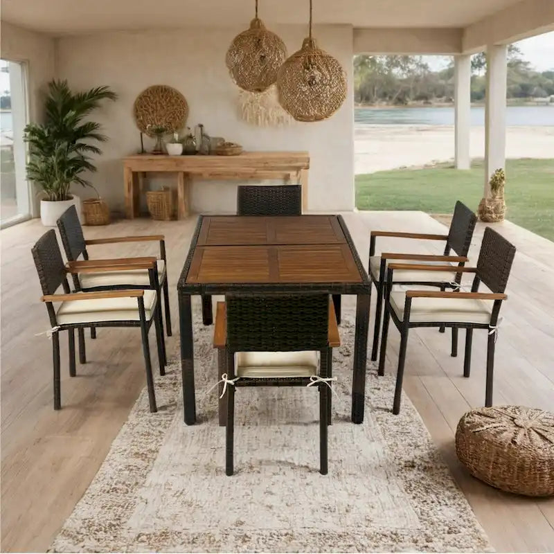 7 piece Outdoor Patio Wicker Dining Set Patio Wicker Furniture Dining Set w/Acacia Wood Top Brown Wicker + Cream Cushion