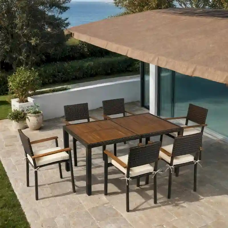 7 piece Outdoor Patio Wicker Dining Set Patio Wicker Furniture Dining Set w/Acacia Wood Top Brown Wicker + Cream Cushion