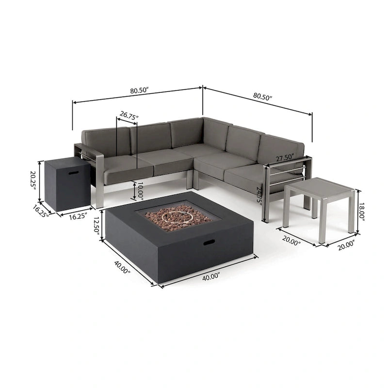 Cape Coral Outdoor 5 Seater Aluminum Chat Set with Fire Pit by Christopher Knight Home