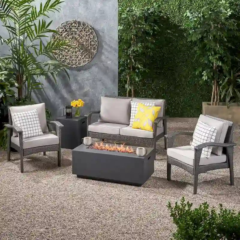 Kalo Outdoor 4 Seater Wicker Chat Set with Fire Pit by Christopher Knight Home