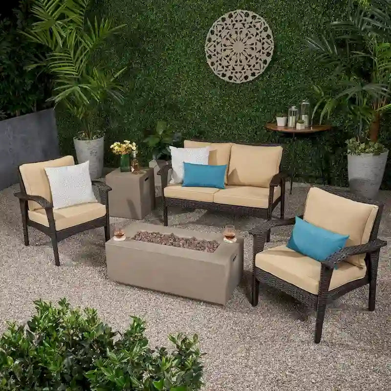 Kalo Outdoor 4 Seater Wicker Chat Set with Fire Pit by Christopher Knight Home
