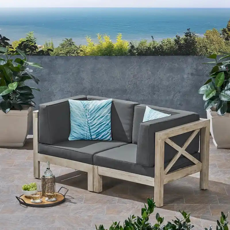 Brava Outdoor 2-Seater Sectional Acacia Wood Loveseat Set With Water-Resistant Cushions by Christopher Knight Home