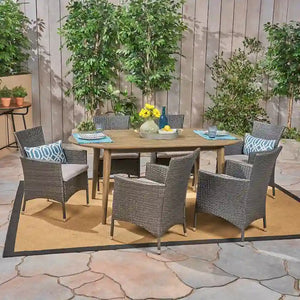 Stamford Outdoor 7-Piece Acacia Wood Dining Set with Wicker Chairs by Christopher Knight Home