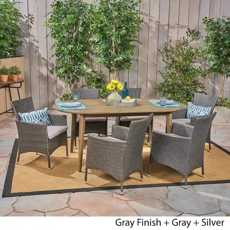 Stamford Outdoor 7-Piece Acacia Wood Dining Set with Wicker Chairs by Christopher Knight Home