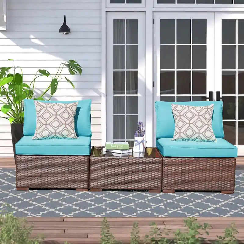 3-Piece Patio Modular Sofa Wicker Armless Chairs with Coffee Table
