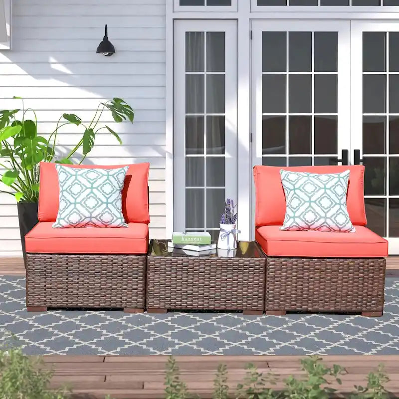 3-Piece Patio Modular Sofa Wicker Armless Chairs with Coffee Table