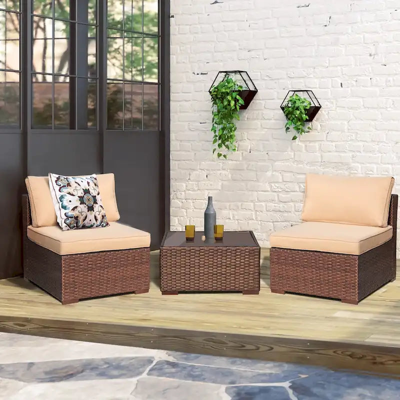 3-Piece Patio Modular Sofa Wicker Armless Chairs with Coffee Table