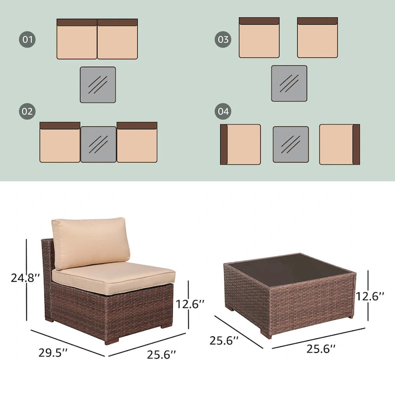 3-Piece Patio Modular Sofa Wicker Armless Chairs with Coffee Table