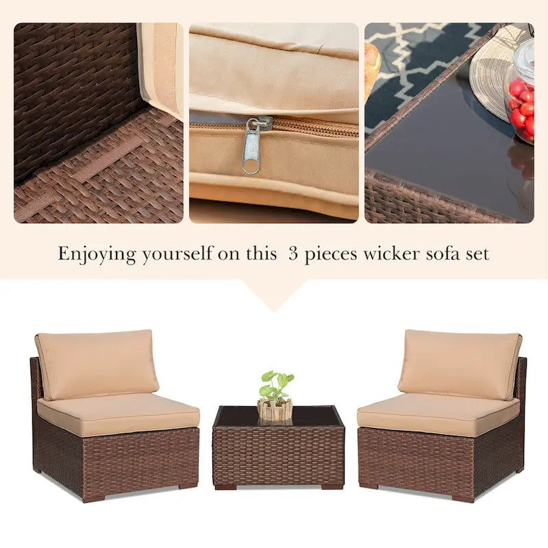 3-Piece Patio Modular Sofa Wicker Armless Chairs with Coffee Table