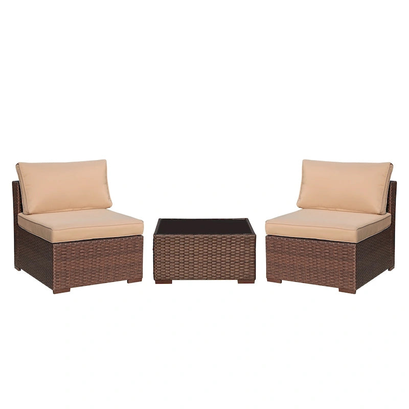 3-Piece Patio Modular Sofa Wicker Armless Chairs with Coffee Table