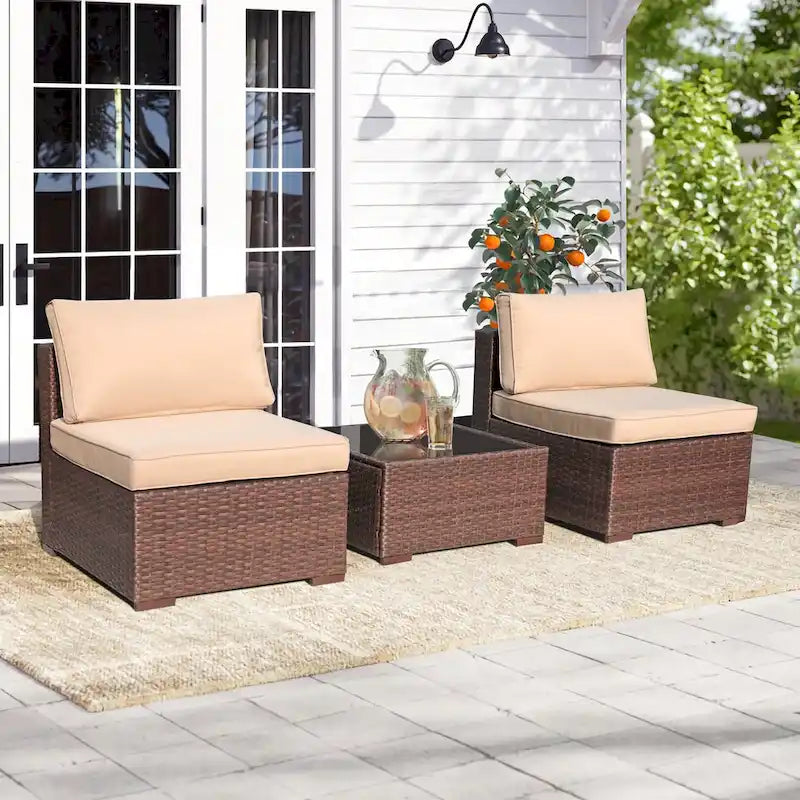 3-Piece Patio Modular Sofa Wicker Armless Chairs with Coffee Table