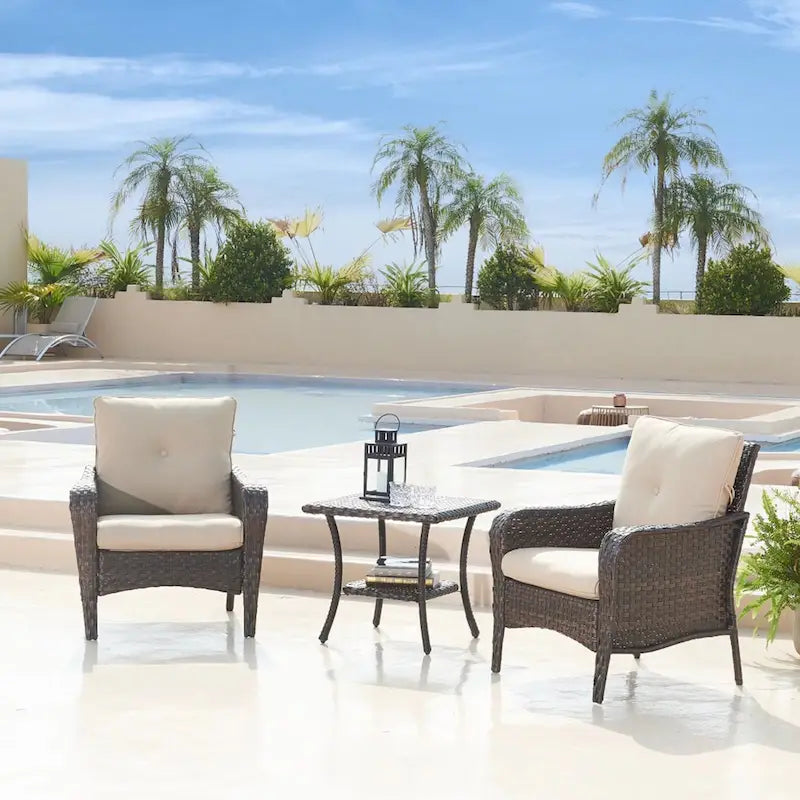 3 Piece Outdoor Wicker Bistro Chat Set with Cushion