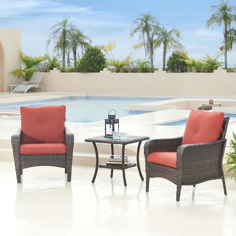 3 Piece Outdoor Wicker Bistro Chat Set with Cushion