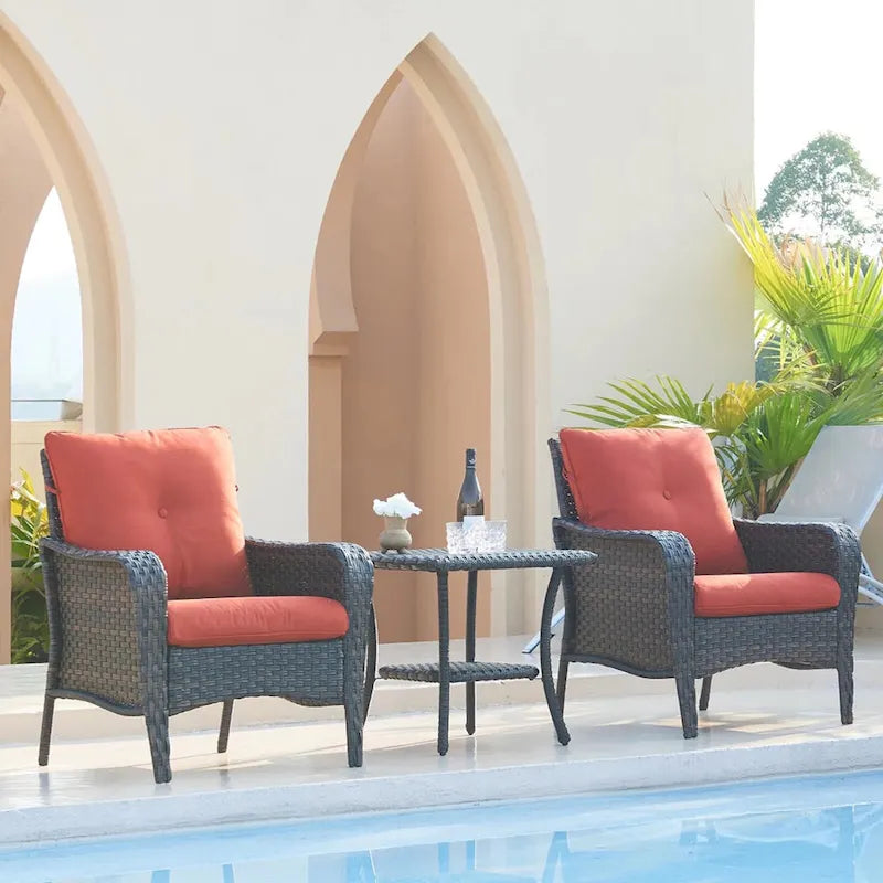 3 Piece Outdoor Wicker Bistro Chat Set with Cushion