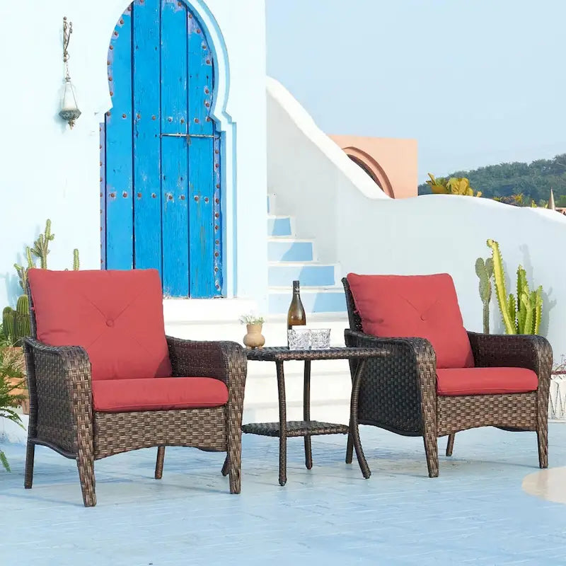 3 Piece Outdoor Wicker Bistro Chat Set with Cushion