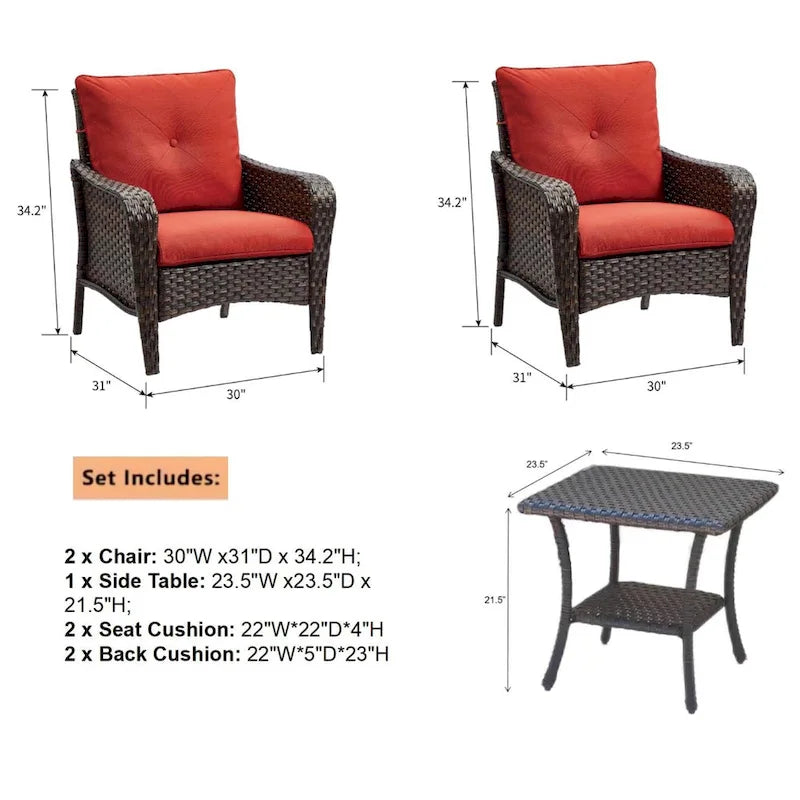 3 Piece Outdoor Wicker Bistro Chat Set with Cushion