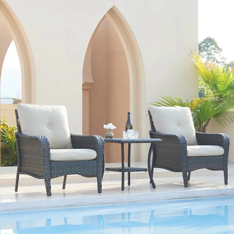 3 Piece Outdoor Wicker Bistro Chat Set with Cushion