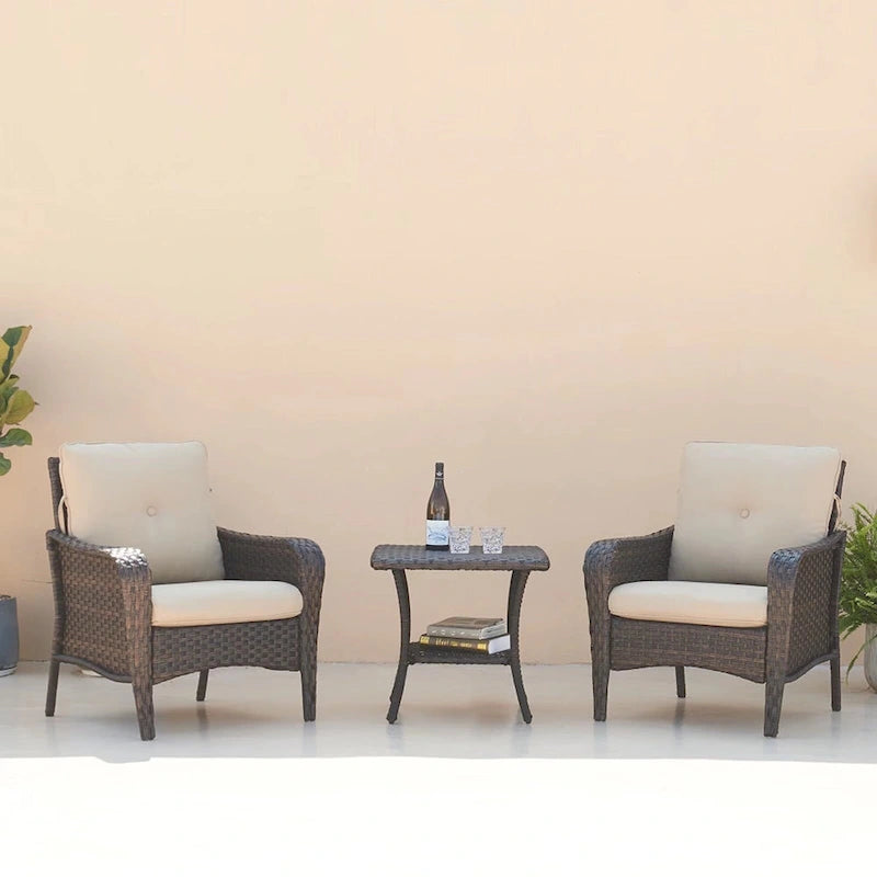 3 Piece Outdoor Wicker Bistro Chat Set with Cushion