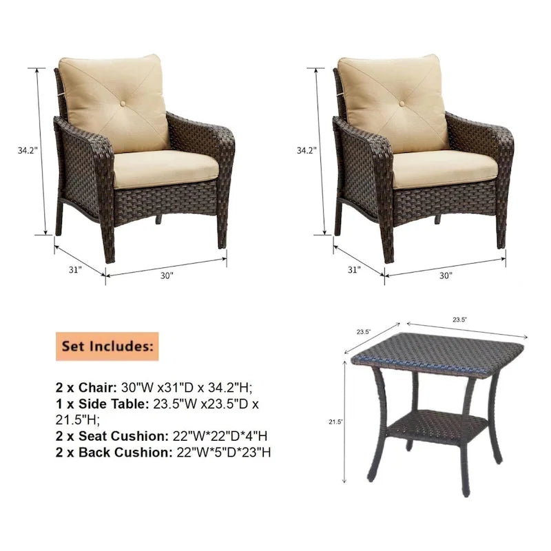 3 Piece Outdoor Wicker Bistro Chat Set with Cushion