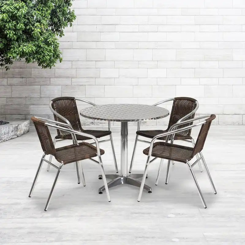 31.5 Round Aluminum Indoor-Outdoor Table Set with 4 Rattan Chairs