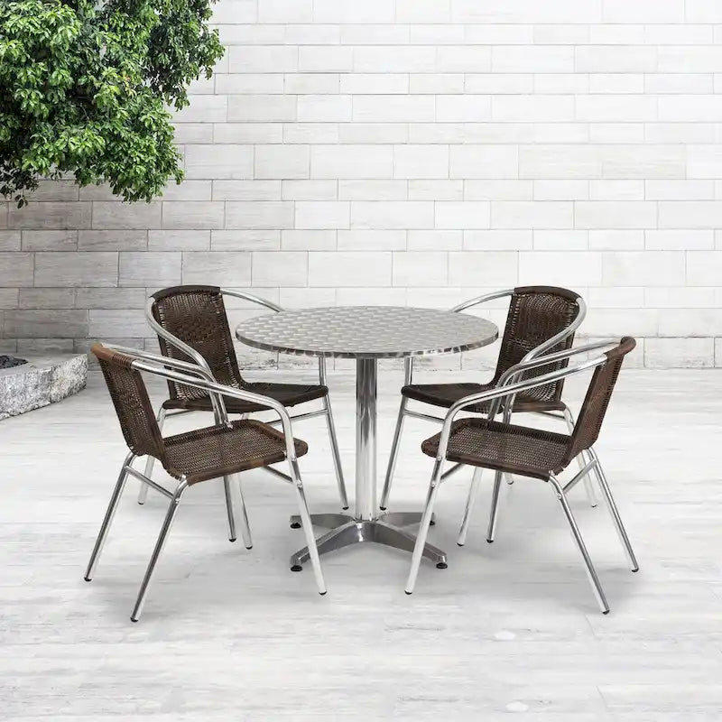 31.5 Round Aluminum Indoor-Outdoor Table Set with 4 Rattan Chairs