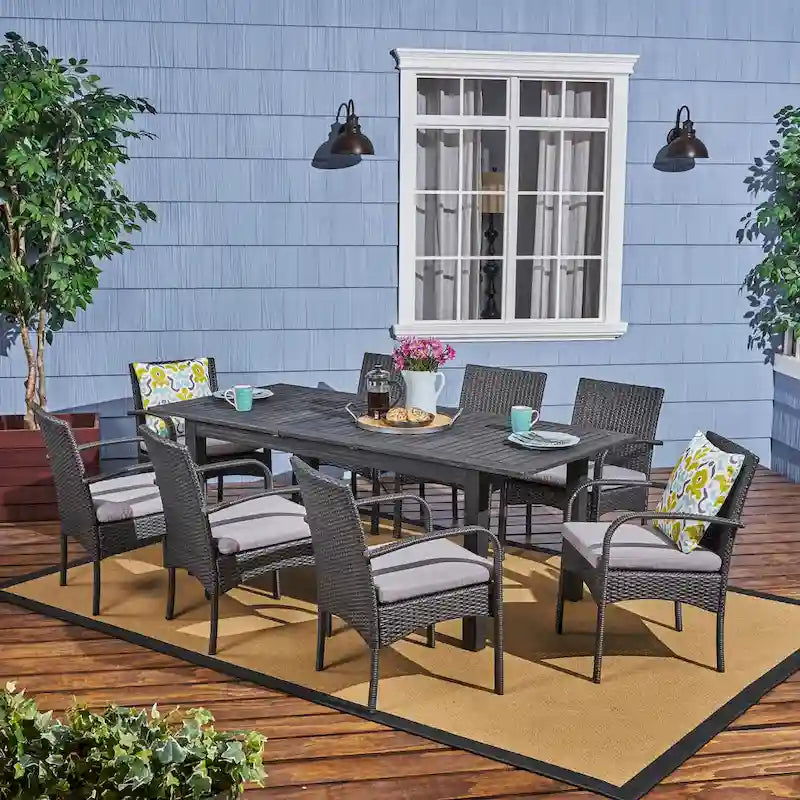 Elmar 9 Piece Outdoor Wood/Wicker Extending Dining Set by Christopher Knight Home