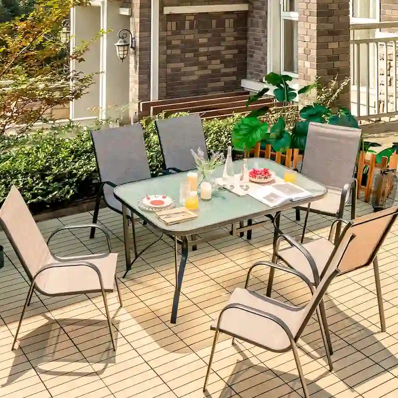 7PCS Patio Dining Set 6 Stackable Chairs Glass Table Umbrella Hole