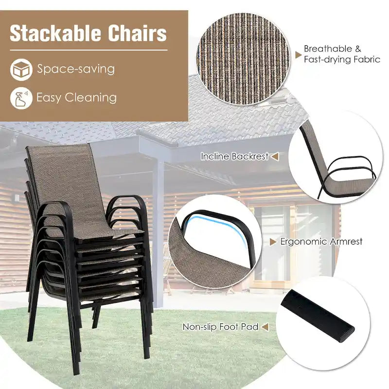 7PCS Patio Dining Set 6 Stackable Chairs Glass Table Umbrella Hole