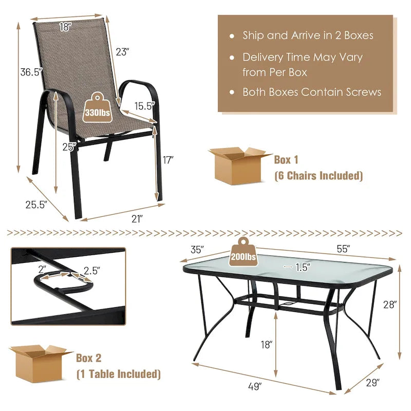 7PCS Patio Dining Set 6 Stackable Chairs Glass Table Umbrella Hole