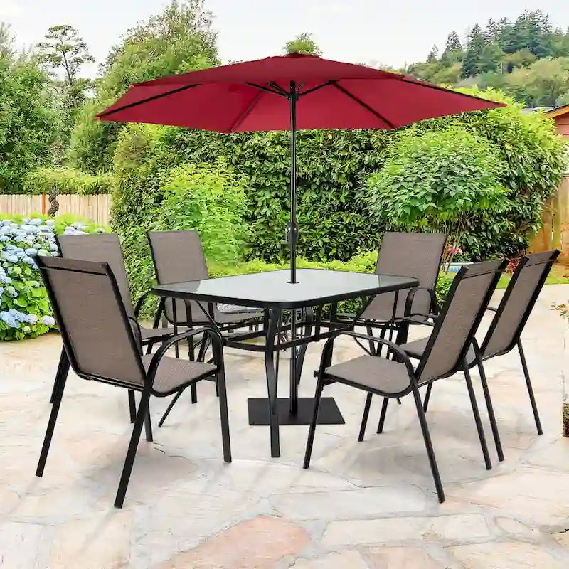 7PCS Patio Dining Set 6 Stackable Chairs Glass Table Umbrella Hole