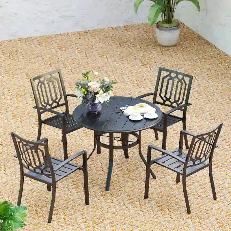 MAISON ARTS 5 Piece Outdoor Patio Dining Set, 4 Metal Stackable Dining Chairs and 1 Round 37.8 Diameter Umbrella Table