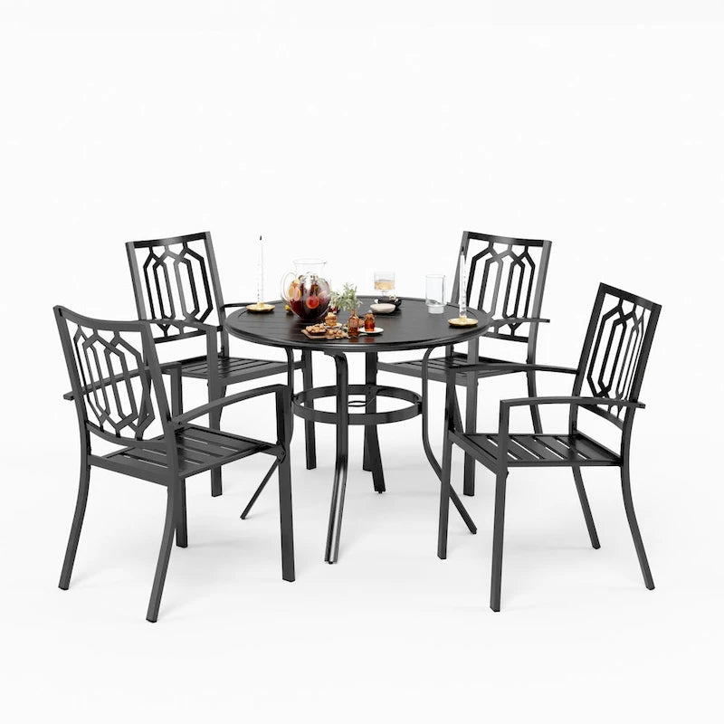 MAISON ARTS 5 Piece Outdoor Patio Dining Set, 4 Metal Stackable Dining Chairs and 1 Round 37.8 Diameter Umbrella Table