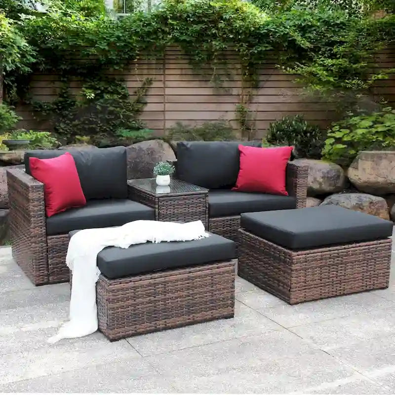 5 Pieces Outdoor Patio Garden Brown Wicker Sectional Conversation Sofa Set with Black Cushions and Red Pillows