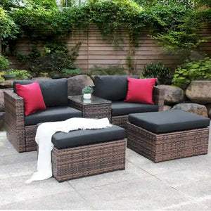 5 Pieces Outdoor Patio Garden Brown Wicker Sectional Conversation Sofa Set with Black Cushions and Red Pillows