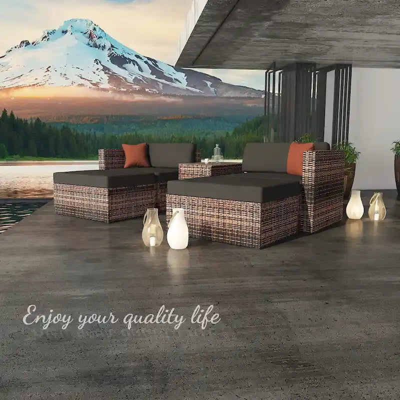 5 Pieces Outdoor Patio Garden Brown Wicker Sectional Conversation Sofa Set with Black Cushions and Red Pillows