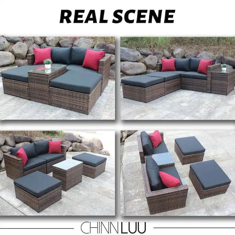 5 Pieces Outdoor Patio Garden Brown Wicker Sectional Conversation Sofa Set with Black Cushions and Red Pillows