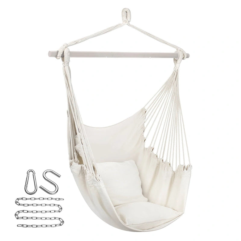 Hanging Rope Hammock Chair Swing Seat for Any Indoor or Outdoor Spaces, 2 Seat Cushions Included (White)
