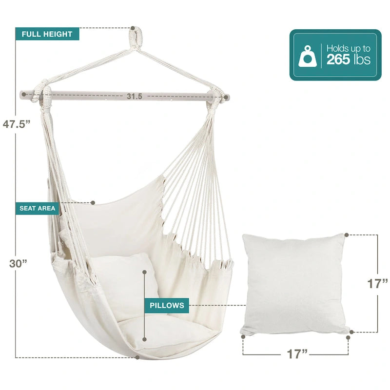 Hanging Rope Hammock Chair Swing Seat for Any Indoor or Outdoor Spaces, 2 Seat Cushions Included (White)