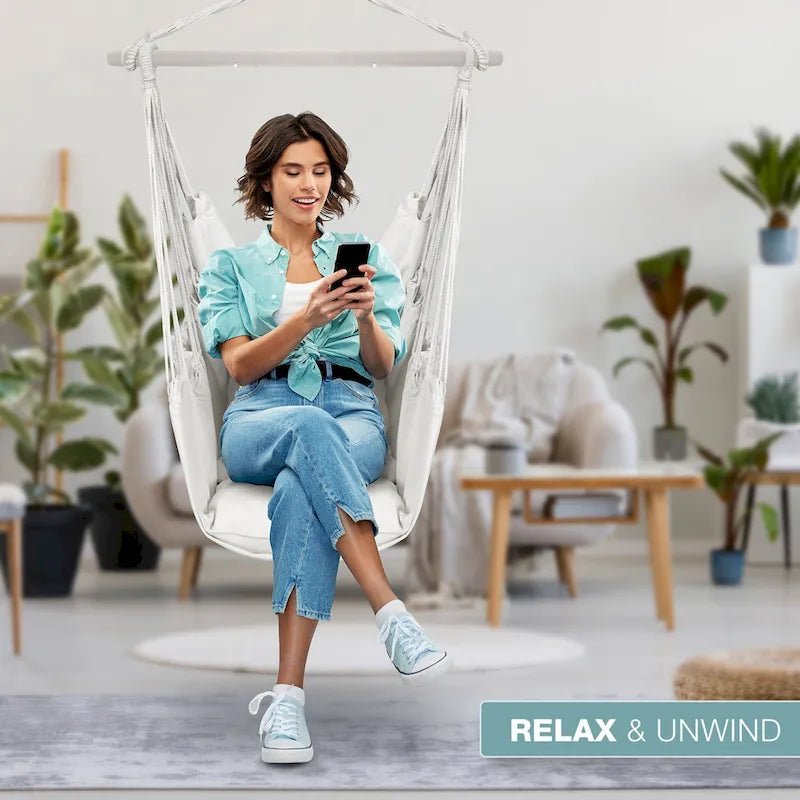 Hanging Rope Hammock Chair Swing Seat for Any Indoor or Outdoor Spaces, 2 Seat Cushions Included (White)