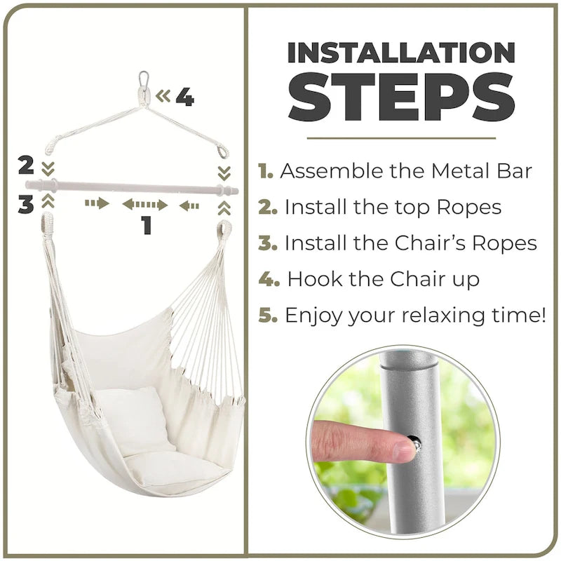 Hanging Rope Hammock Chair Swing Seat for Any Indoor or Outdoor Spaces, 2 Seat Cushions Included (White)