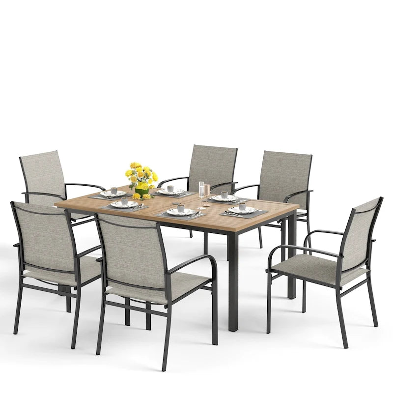 MAISON ARTS Outdoor Patio Dining Set 7 Piece Furniture Set with 6 Textilene Chairs and Metal Rectangular Brown Dining Table
