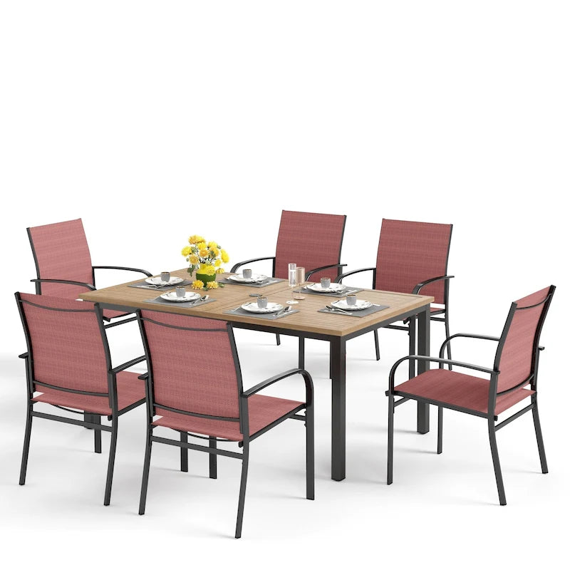 MAISON ARTS Outdoor Patio Dining Set 7 Piece Furniture Set with 6 Textilene Chairs and Metal Rectangular Brown Dining Table